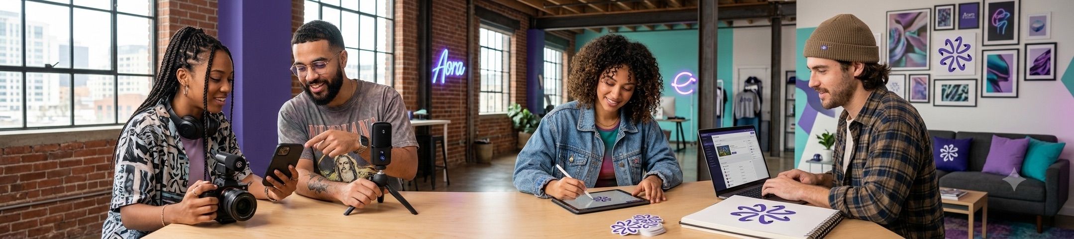 Creators da Aora colaborando em um estúdio criativo