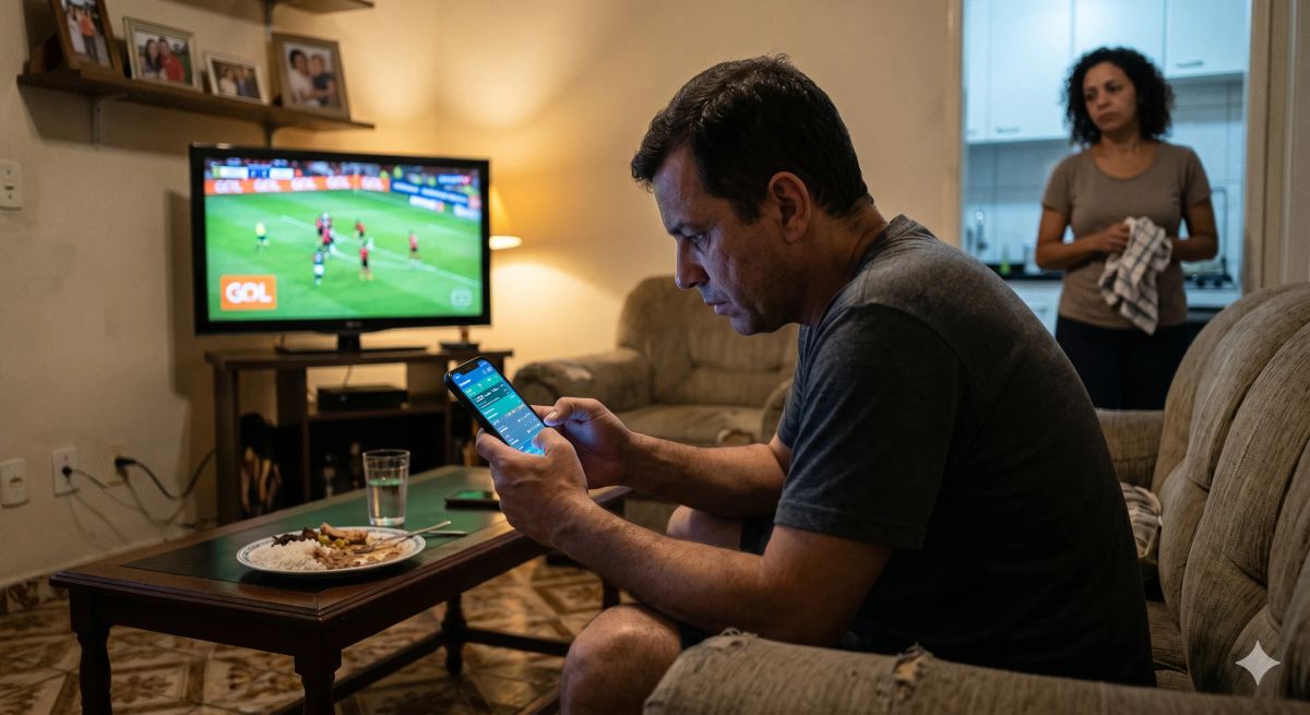 Homem absorto em apostas no celular durante o jogo enquanto a família fica em segundo plano