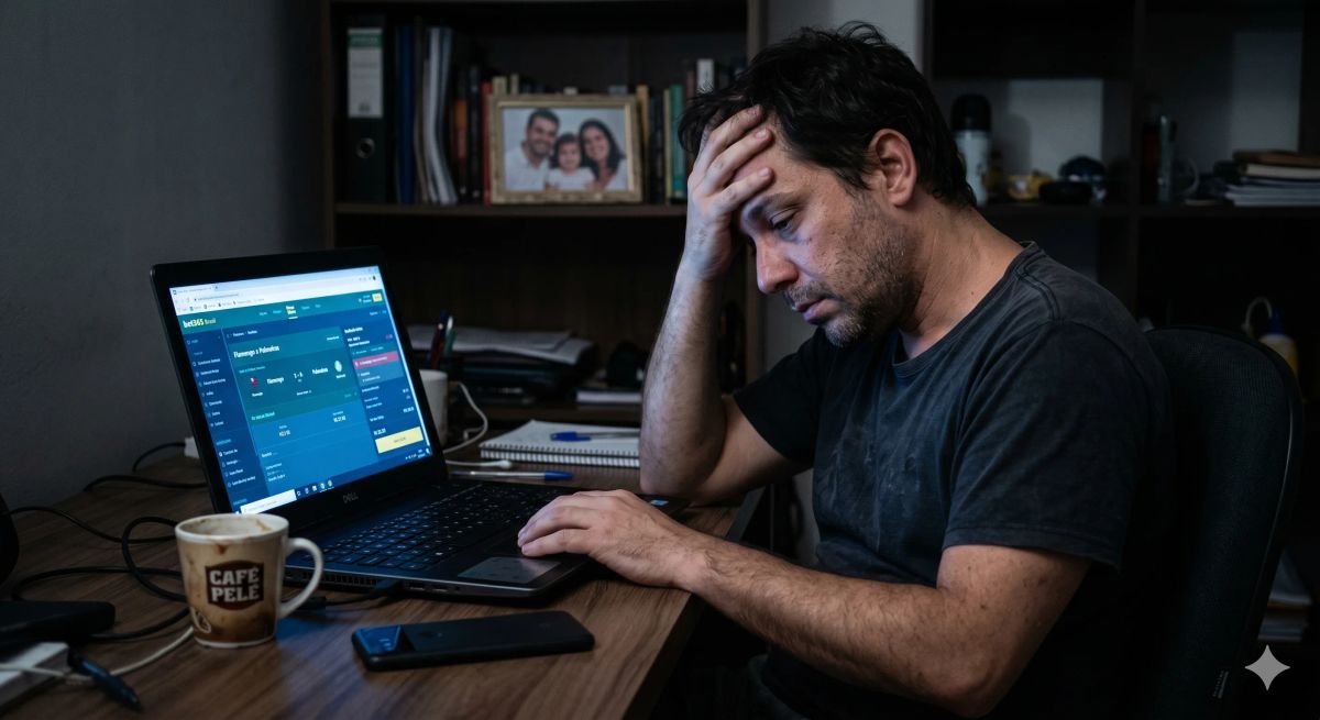 Homem com a mão na cabeça diante da tela de apostas no notebook, demonstrando o custo emocional