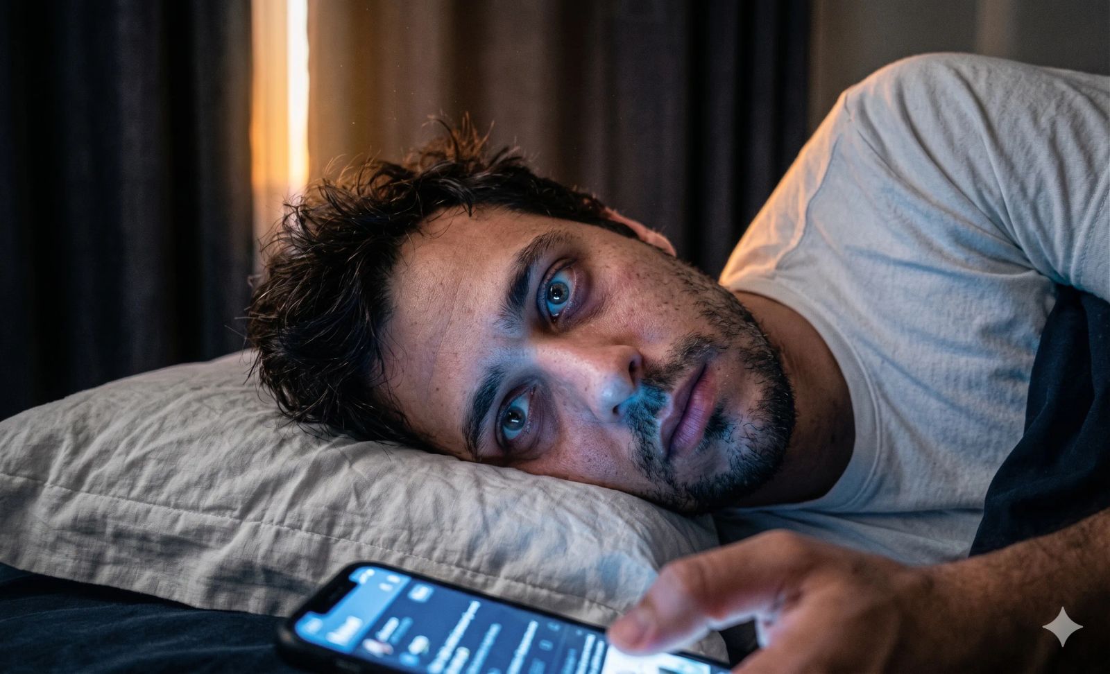 Homem deitado na cama de madrugada preso ao celular, sem conseguir dormir